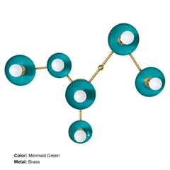 Front view of the Virgo customizable six-light wall sconce in Mermaid Green with Brass hardware. Six exposed globe bulbs and circular disc shades connect through branching brass arms to form a sculptural interpretation of the Virgo zodiac constellation and celestial wall art.
