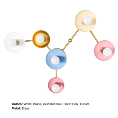 Virgo customizable six-light wall sconce with White, Brass, Celestial Blue, Blush Pink, and Cream circular shades connected by Brass arms. Exposed globe bulbs form the Virgo zodiac constellation, creating colorful astrology-inspired lighting and sculptural wall art.
