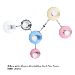 Virgo customizable six-light wall sconce with White, Chrome, Celestial Blue, Blush Pink, and Cream circular shades joined by Chrome arms. The exposed globe bulbs and branching metal framework trace the Virgo zodiac constellation in a colorful modern wall sculpture.