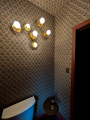 Maximalist powder room design wraps a detailed brown-and-black patterned wallpaper across the walls and ceiling, contrasted with warm rust-colored trim and an unexpected blue toilet. The glowing All-Brass Virgo sconce from Sazerac Stitches transforms six globe bulbs and concave metal shades into a sculptural rendering of the Virgo constellation. This customizable astrological wall light adds functional art and warm metallic shine to a dark, dramatic bathroom. Find inspiration for bold wallpaper and unique p