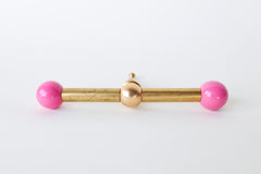 Vibrant bright pink & Brass long drawer pull with a pop of color. Modern geometric shape. Maximalist or eclectic interior design drawer pulls.