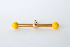 Vibrant and fun bright yellow & Brass long drawer pull with a pop of color. Modern geometric shape. Maximalist or eclectic interior design drawer pulls.