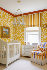 Cheerful yellow and orange nursery design featuring the Margot Chandelier by Sazerac Stitches in cream and brass. Perfect colorful nursery lighting idea paired with bold wallpaper, striped chair, and playful modern crib. A bright and modern nursery decor inspiration for parents looking for colorful kids’ room lighting and statement ceiling fixtures.