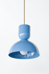 Pastel grey-blue Hydrangea and brass pendant light fixture in a mid century modern dome shape. Great kitchen lighting for over an island. Perfect modern or eclectic pendant light made in new orleans. 