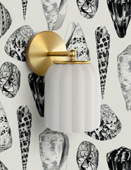 Naturalist-style illustrated shells in black, white, and gray cover this wallpaper like a field guide plate, giving coastal design a more sophisticated edge. The Marcella Sconce in unglazed cream sits quietly against all that graphic pattern, its matte fluted shade and brass details adding warmth without competing. A refined take on shell wallpaper bathroom ideas for anyone who wants coastal without the beachy cliché.