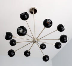 atomic style retro chandelier with black shades and chrome arms - made by Sazerac Stitches in New Orleans, LA