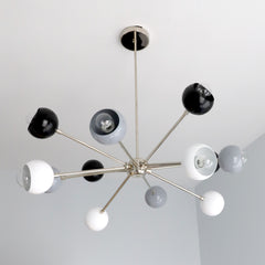 Black White and Grey sputnik style atomic chandelier with chrome metal