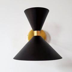 Black and Brass Midcentury Modern wall sconce with cone shades
