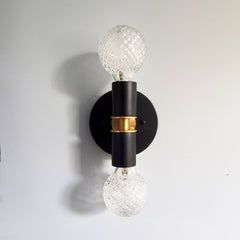black  and Brass two light wall sconce or flush mount ceiling light fixture in a bright vibrant color and mid century modern or art deco design