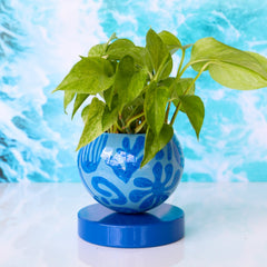 Blue squiggle hand-painted houseplant planter or vase made in New Orleans with a green pothos plant