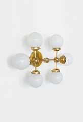 Brass and Glass large bathroom wall sconce with six globes.  Great for large bathroom spaces or used as a ceiling flushmount ceiling light fixture