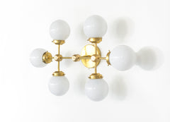 large brass and glass flushmount ceiling light or vanity light fixture with six bulbs