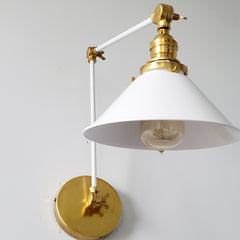 White and brass cora adjustable sconce bedside lamp open shelving sconces