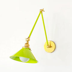 Neon Chartreuse and Brass Adjustable Cone sconce for above open concept shelving in a kitchen