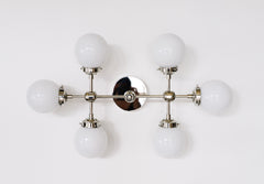 Chrome and Glass large bathroom wall sconce with six globes.  Great for large bathroom spaces or used as a ceiling flushmount ceiling light fixture
