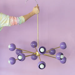 Light purple and brass Sputnik style chandelier for living rooms, girls rooms, nursery decor, and more