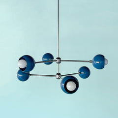 Denim blue and chrome midcentury modern chandelier in a sputnik shape