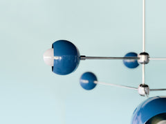 Denim blue and chrome midcentury modern chandelier in a sputnik shape