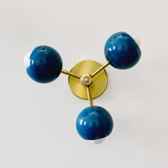Blue Grey & Brass three-light midcentury modern small chandelier fixture