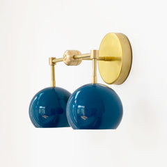 Brass and Grey blue two light mid century modern sconce - deep side view