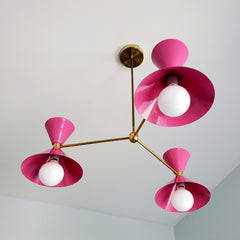 bright pink and brass midcentury modern style cone chandelier