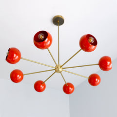 Poppy red & brass mid century modern orb chandelier