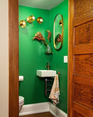 Small Green powder room with green walls, brass mirror, small corner sink, and brass lighting by sazerac stitches