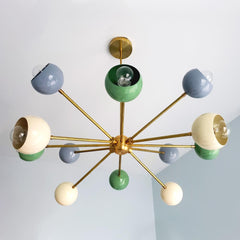 Green, Cream, and Grey midcentury modern inspired chandelier by Sazerac Stitches.  Sputnik style ceiling chandelier is perfect for kids bedrooms, midcentury modern decor, etc.