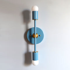 Light blue and brass two light wall sconce or flush mount ceiling light fixture by Sazerac Stitches