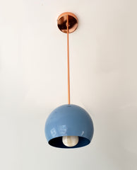 light blue and copper globe pendant light midcentury inspired