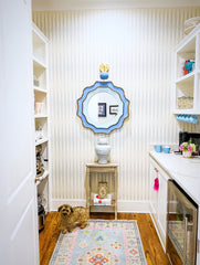 Butlers Pantry with light blue and brass wall sconce and mirror