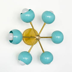 Light teal blue and brass midcentury modern wall sconce, flushmount ceiling light or chandelier