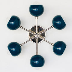 Dark teal blue and chrome modern pendant lighting with mid century modern inspired shades