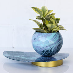 Blue and Purple Marbled Geometric planter with brass accents