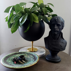 Large black planter vase with brass and marble details