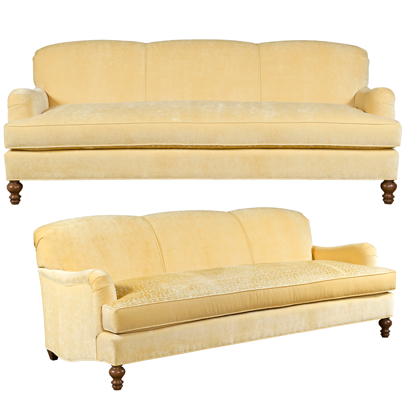 Yellow english roll arm traditional styled velvet sofa in luxurious velvet fabric