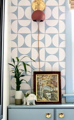 terra cotta and brass mid century modern wall sconce on a patterned blue and white wallpaper with mid century modern details like a paint-by-number, white vase with bamboo, and a white dinosaur planter.  Funky, unexpected, and cool.  Great design for adults and children's spaces