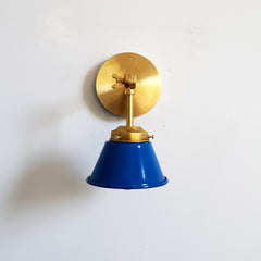 Blue and Brass modern adjustable cone sconce for open shelving