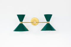 Mid Century Modern wall sconce in emerald green and brass with two shades for bathroom vanities