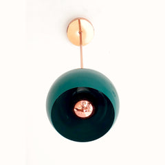 emerald green and polished copper pendant light inspired by midcentury modern design