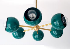 green and brass midcentury modern inspired flushmount ceiling light fixture