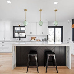 Modern black and white kitchen with modern mint pendant lighting