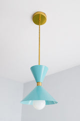 Pastel tiffany blue and brass mid century modern inspired pendant light fixture for kitchen island design