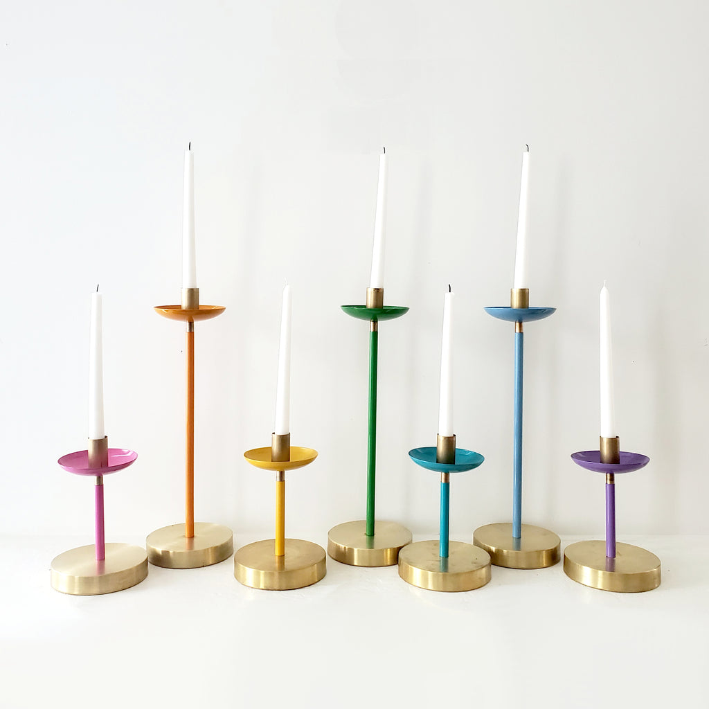 Rainbow candle holders with brass accents