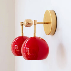 Red and Brass Mid Century Modern two light wall sconce extreme size view