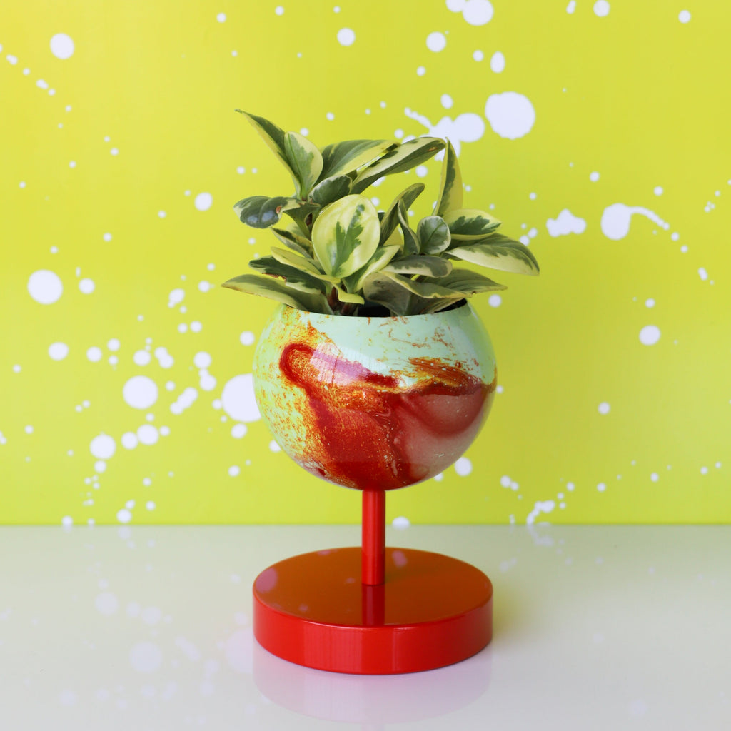 Mint and Red Marbled Planter handmade in New Orleans