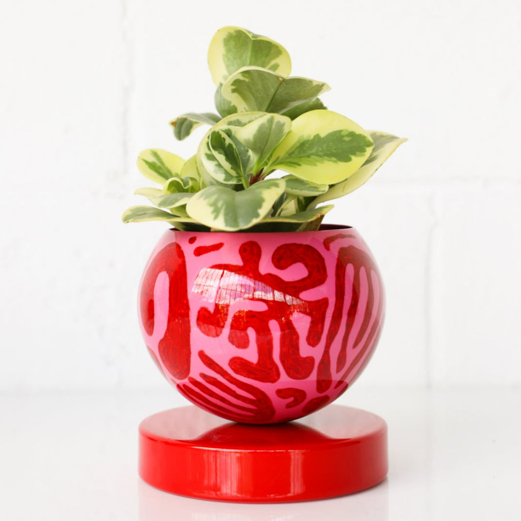 Red and Pink handpainted squiggly line planter or vase