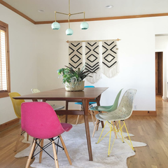 Neo Mint and Brass chandelier with midcentury modern accents in a dining room design