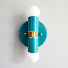 Turquoise Teal Blue and Brass two light wall sconce or flush mount ceiling light fixture in a bright vibrant color and mid century modern or art deco design