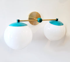 Teal and green color blocked mid century modern two light wall sconce for bathroom vanity light